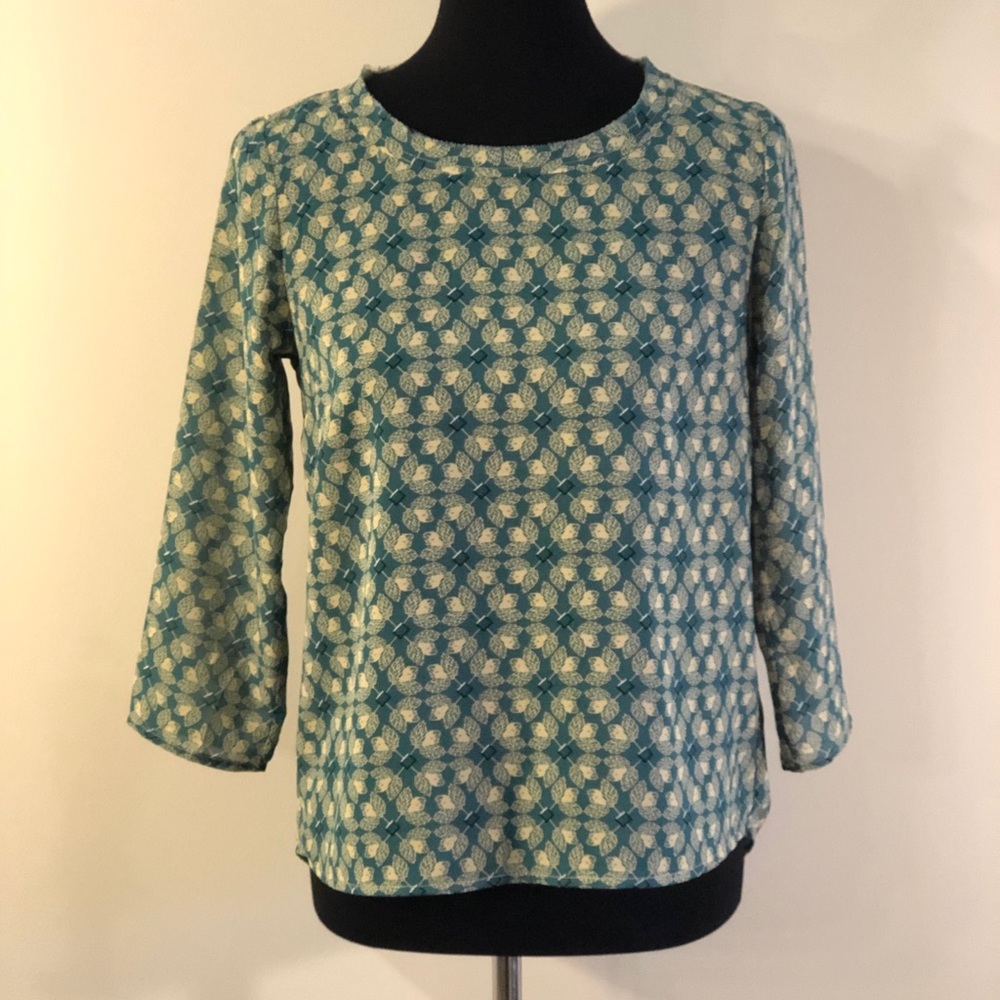 CAbi Green and Tan Leaf Print Blouse